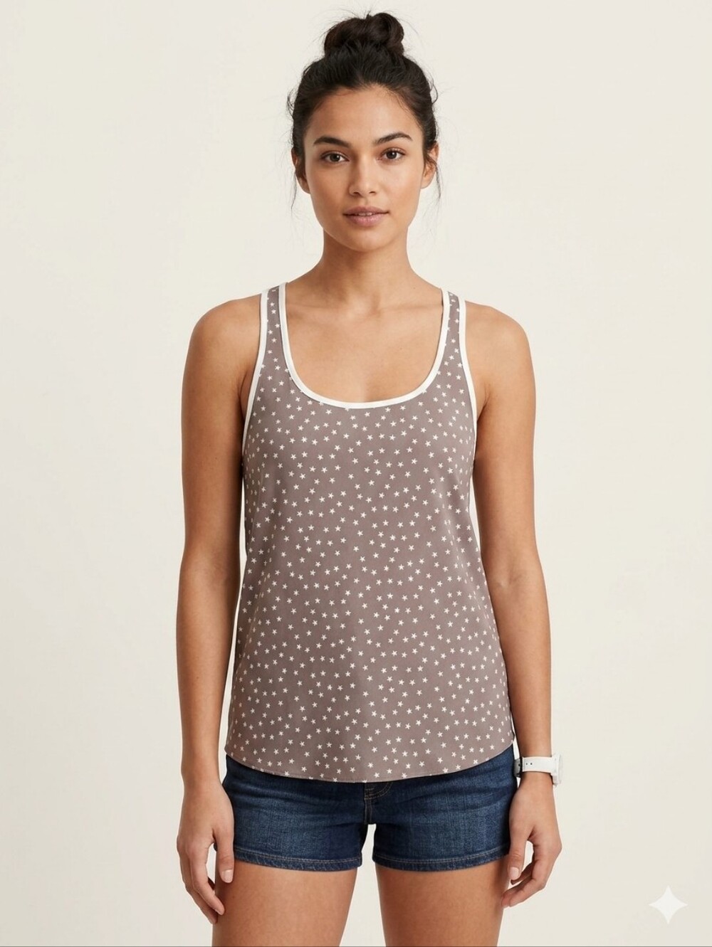 Aerie Taupe Satin Star Print Scoop Neck Tank Top Grey Brown Size S
